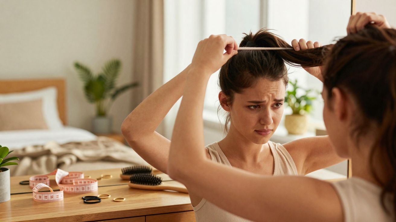 Mulher com expressão preocupada puxando o cabelo, refletida em espelho em quarto claro.