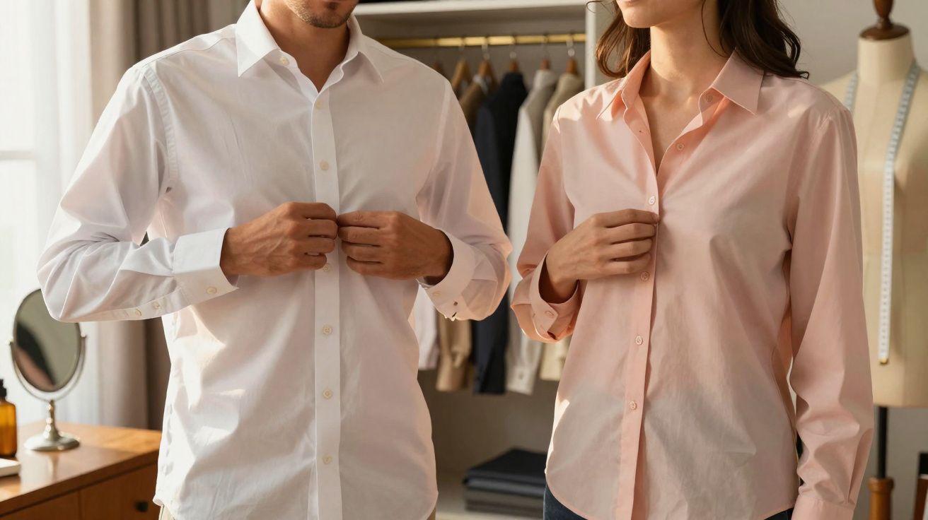 Homem e mulher vestindo camisas sociais, abotoando as camisas em ambiente interno com cabideiro ao fundo.