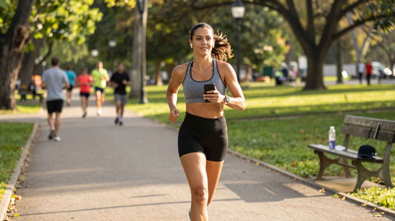 Mulher correndo em parque com roupa esportiva, segurando celular, com outras pessoas ao fundo.