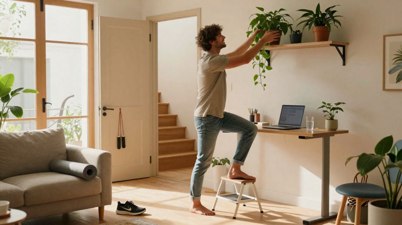Homem descalço organizando plantas em prateleira em sala de estar clara e arejada.