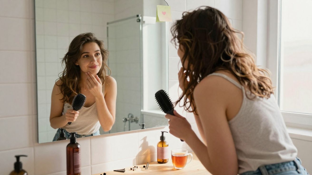 Mulher olhando no espelho do banheiro enquanto segura uma escova de cabelo e toca o rosto.