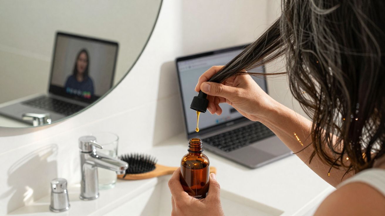 Pessoa aplicando óleo capilar com conta-gotas em madeixa de cabelo perto da pia e laptop.