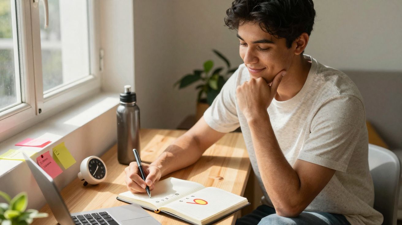 Jovem sentado em mesa perto da janela tomando notas em caderno com laptop aberto e garrafa ao lado.