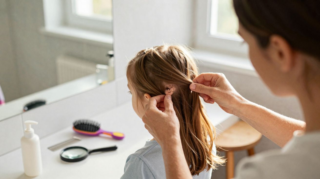Pessoa adulta examinando cabelo de criança para verificar piolhos em banheiro iluminado.