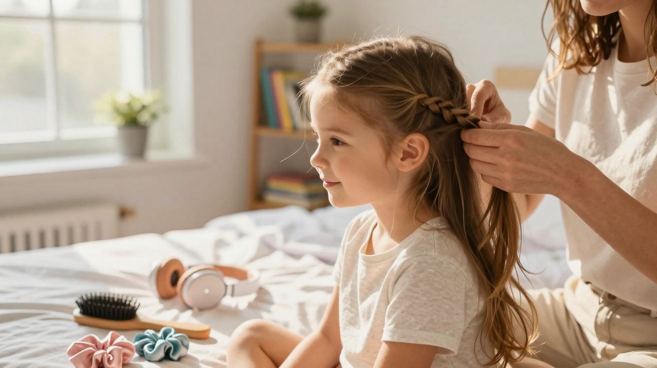Mulher fazendo trança no cabelo de menina sentada na cama em quarto iluminado e organizado.