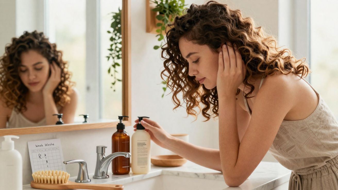 Mulher jovem com cabelo cacheado usando hidratante na pele no banheiro com plantas e espelho.
