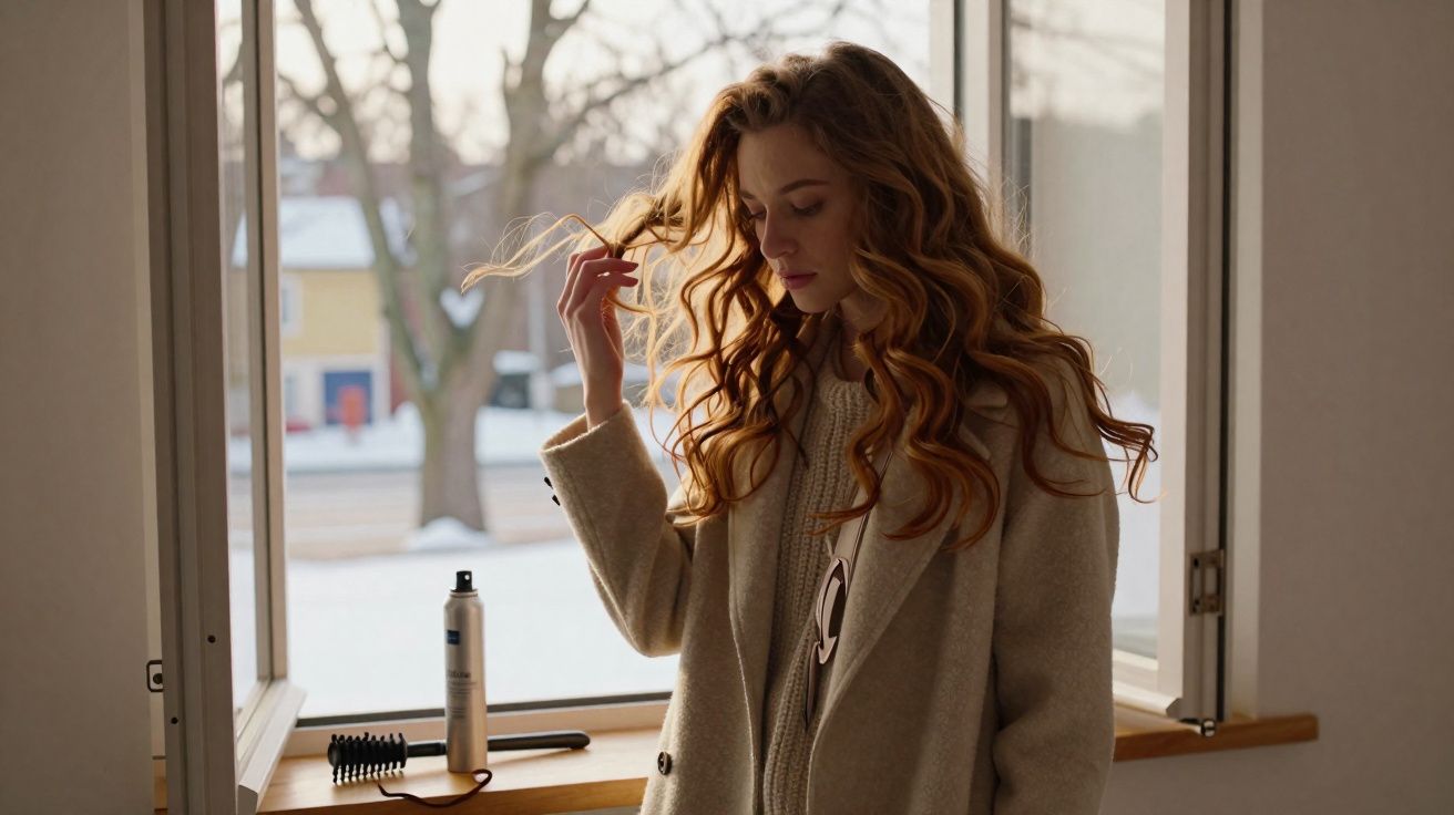 Mulher ruiva com casaco claro olhando para o cabelo ao lado de janela aberta em ambiente interno.