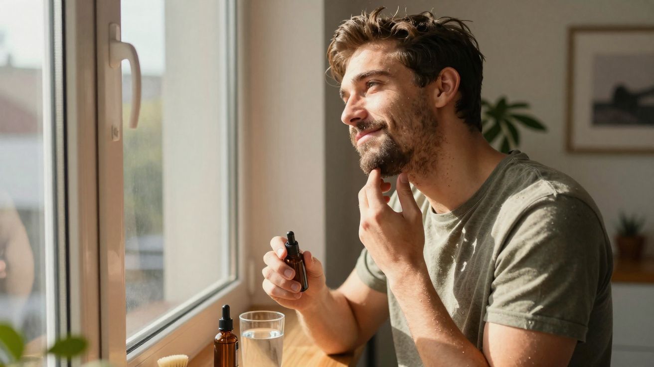 Homem aplicando óleo na barba sentado perto da janela em ambiente iluminado pela luz natural.