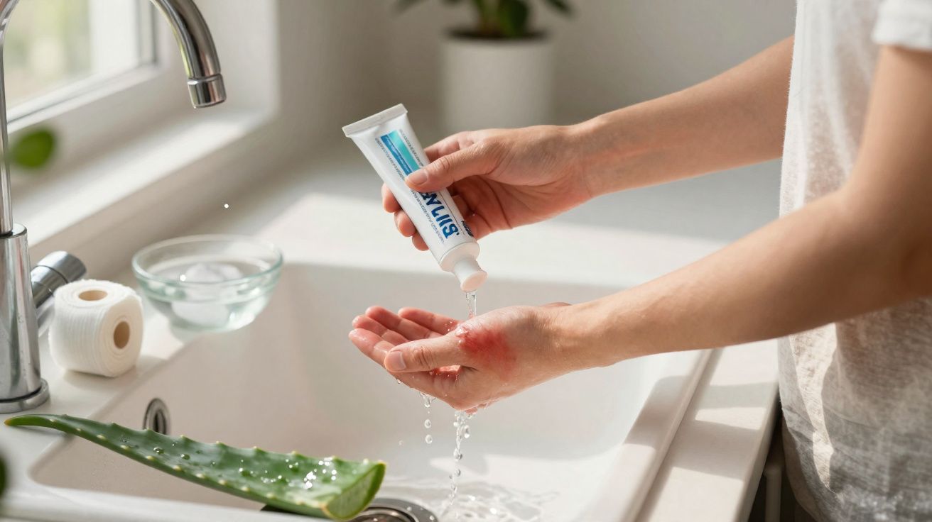 Pessoa aplicando gel transparente em mão com irritação vermelha próximo a pia com folha de aloe vera.