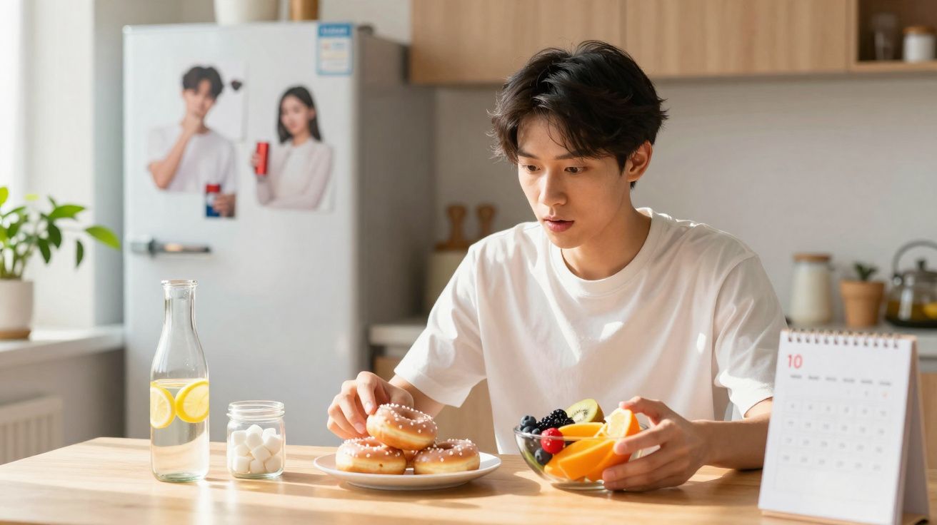 Jovem sentado à mesa, segurando tigela com frutas e escolhendo donut em prato na cozinha.