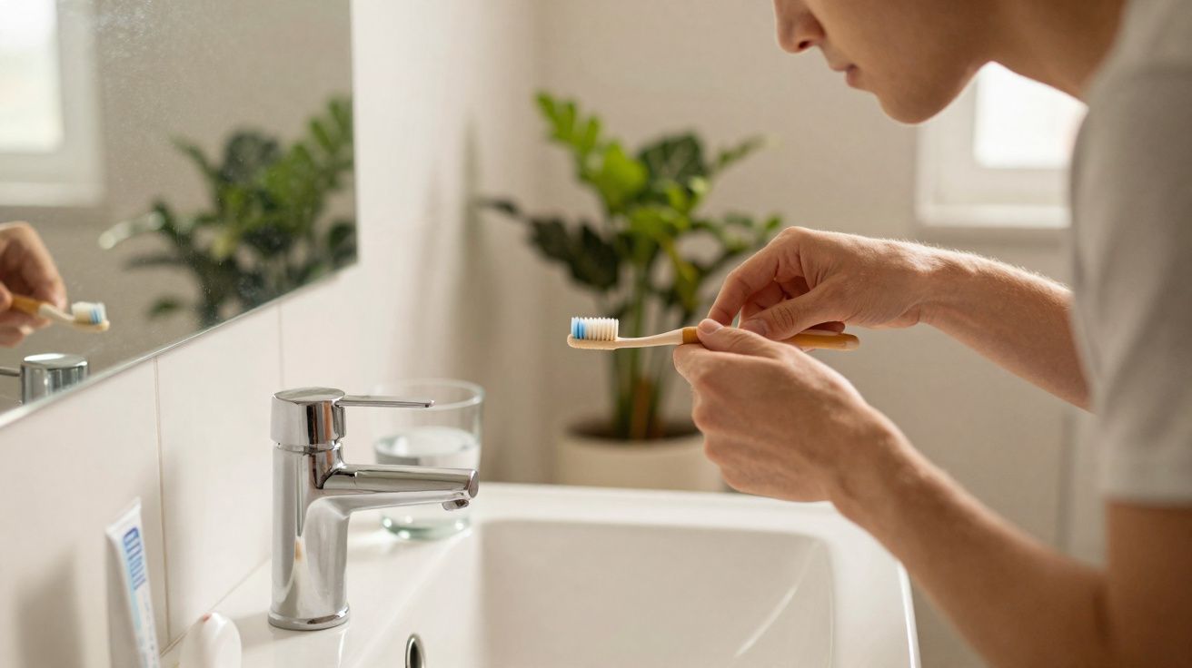 Pessoa segurando escova de dentes com pasta azul próximo à pia de banheiro branco.