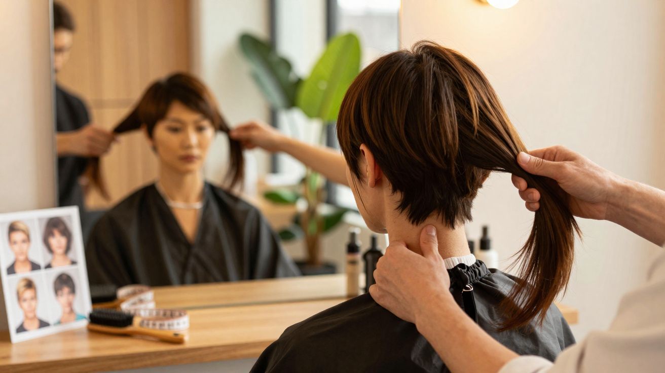 Pessoa com cabelo curto sentada em cadeira de salão de beleza, cabeleireiro separa cabelo longo para cortar.