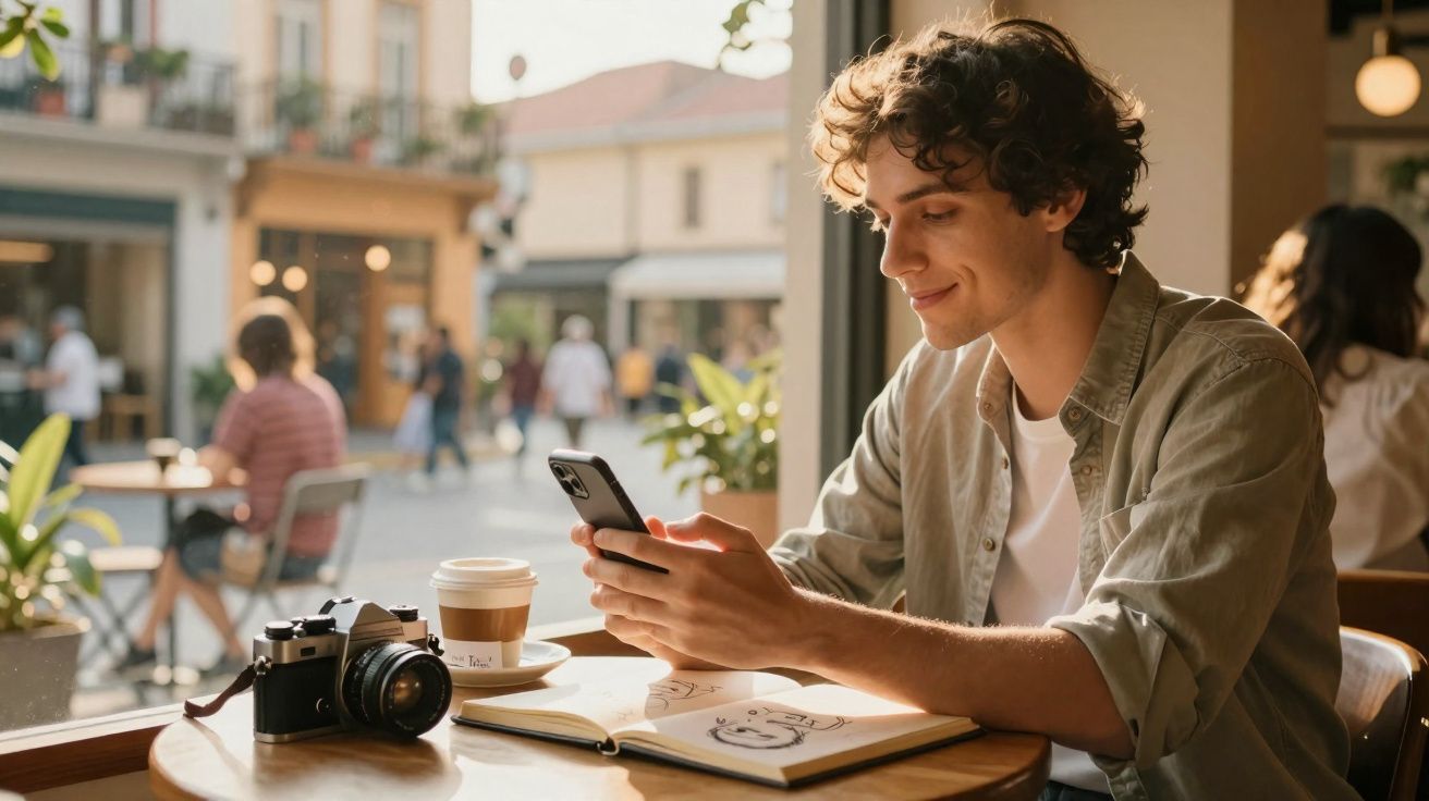 Jovem sorrindo sentado em café, usando celular, com câmera, caderno e café na mesa, ambiente ao ar livre.