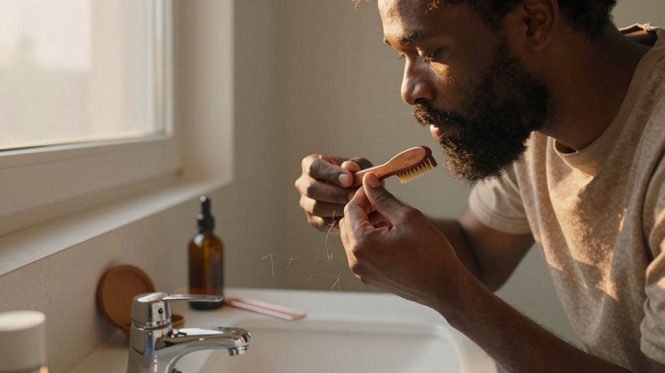 Homem penteando a barba ao lado da pia em ambiente iluminado por luz natural.