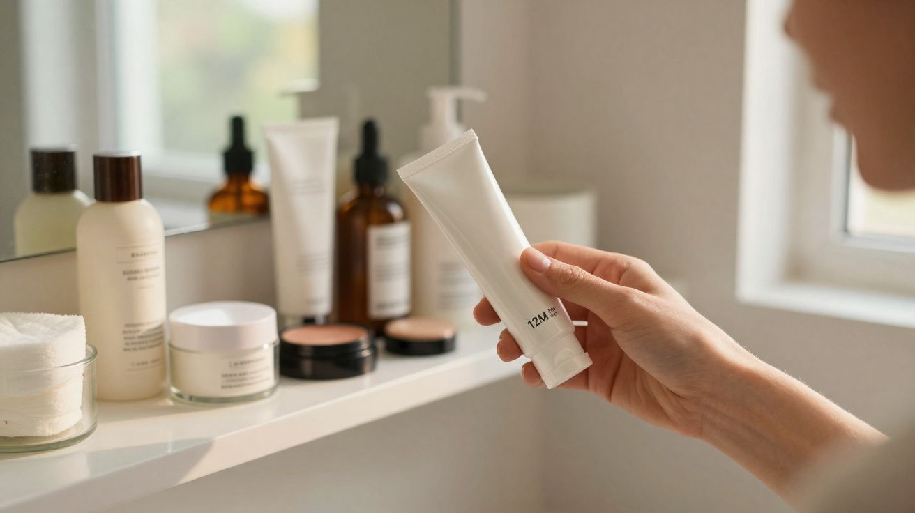 Pessoa segurando tubo branco de cosmético em frente a prateleira com produtos de beleza no banheiro.
