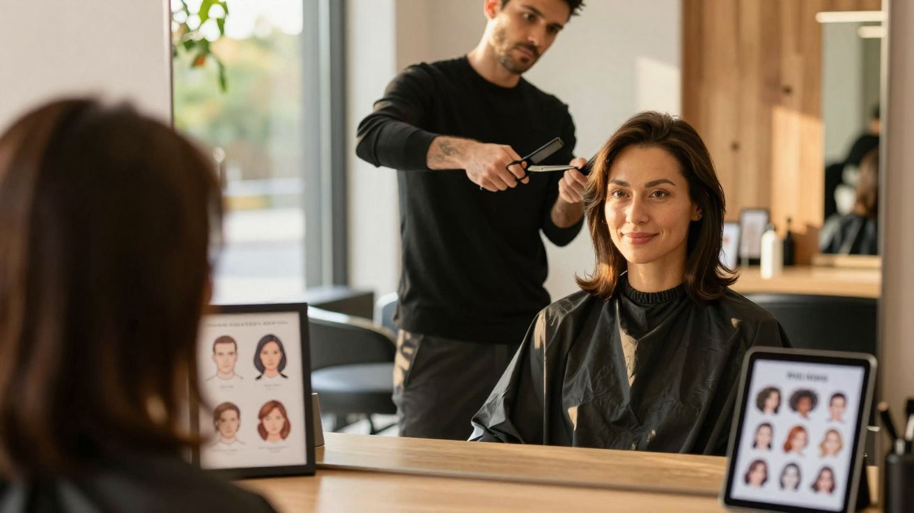 Homem corta cabelo de mulher que sorri sentada frente a espelho em salão de beleza.