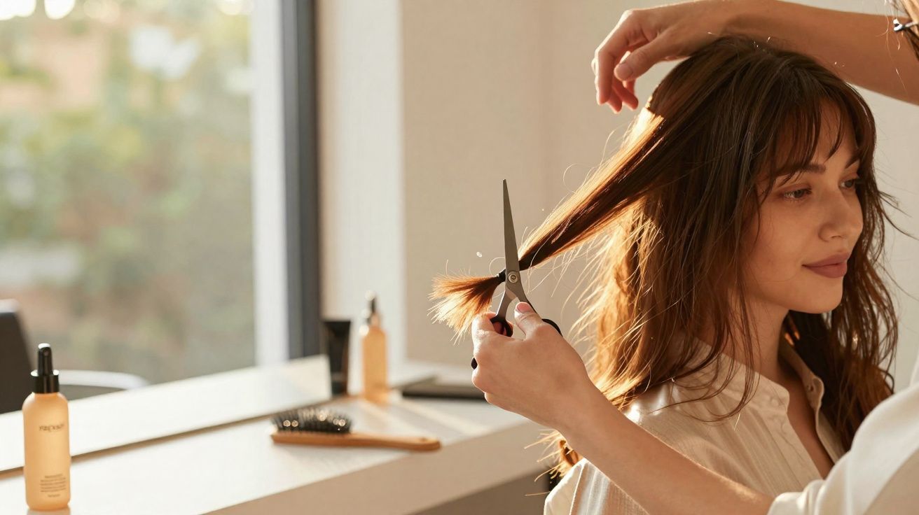 Mulher recebendo corte de cabelo em salão de beleza em ambiente iluminado e moderno.