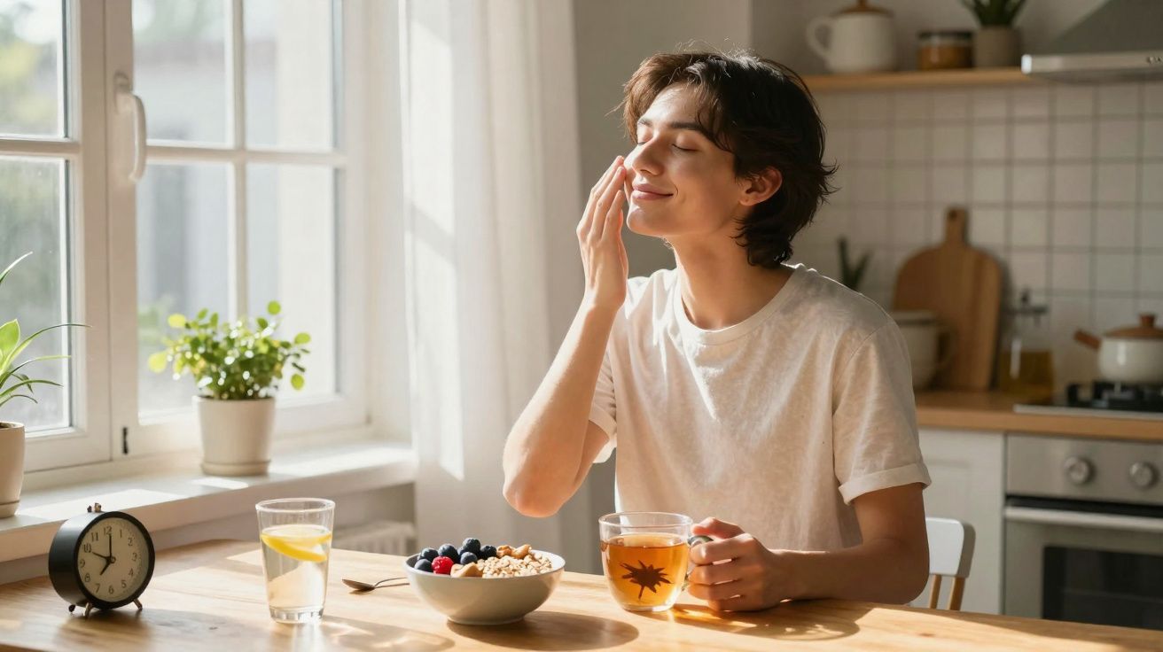 Pessoa jovem aplicando creme no rosto sentada à mesa com café da manhã e luz natural entrando pela janela.