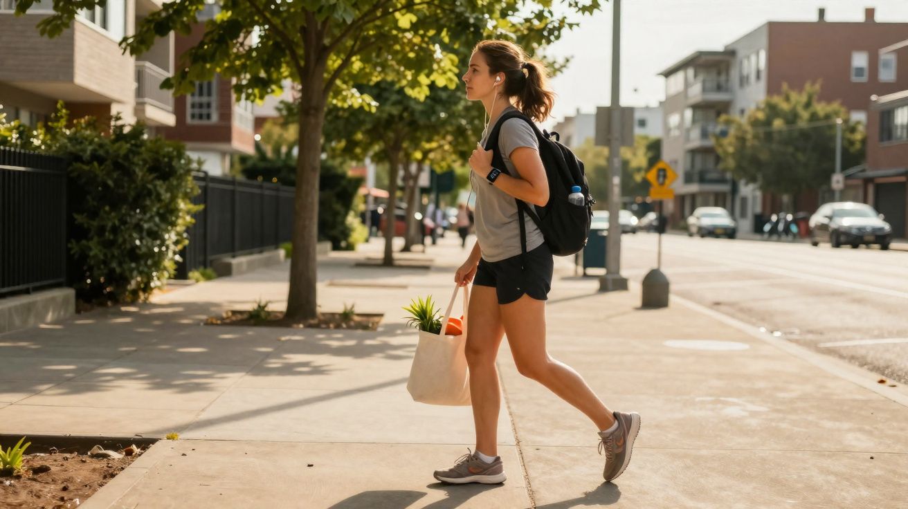 Mulher com mochila e sacola caminhando em calçada urbana ensolarada com árvores e prédios ao fundo.