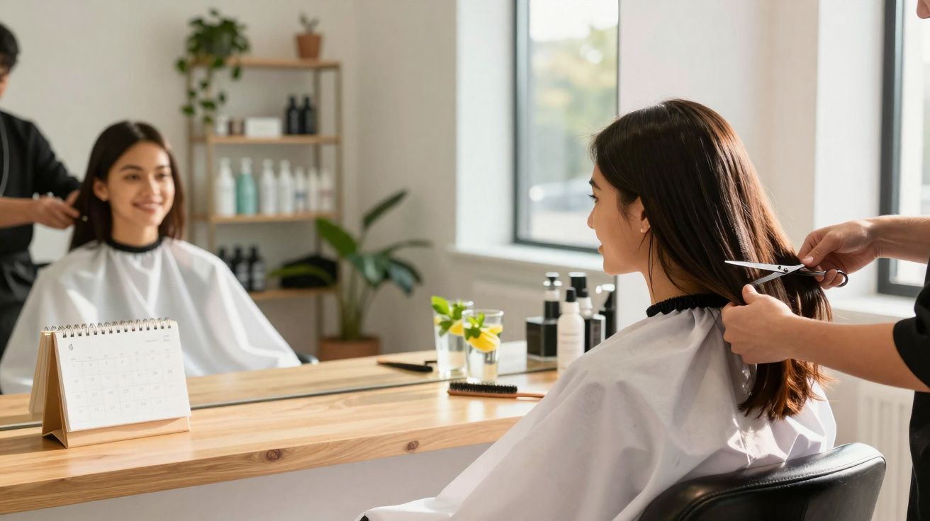 Mulher sorrindo sentada em salão de beleza enquanto cabeleireiro corta seu cabelo.