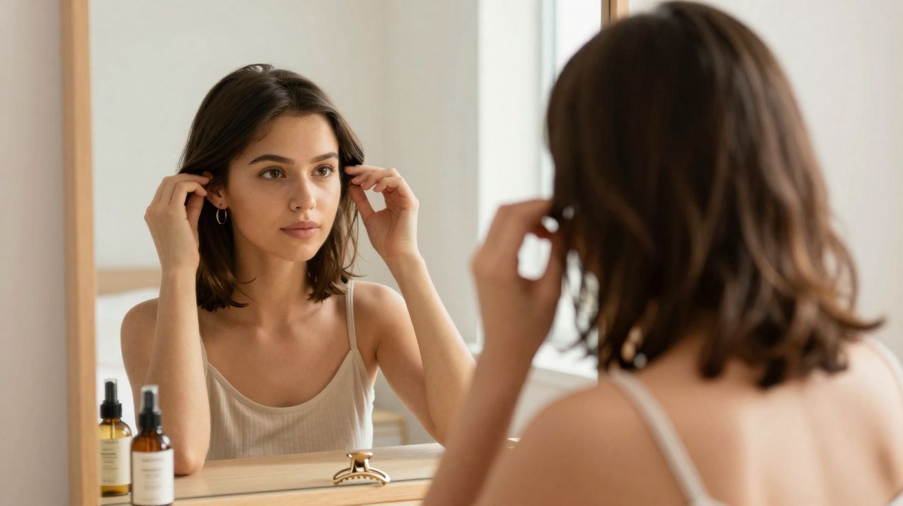 Mulher jovem arrumando o cabelo e usando brincos em frente ao espelho.