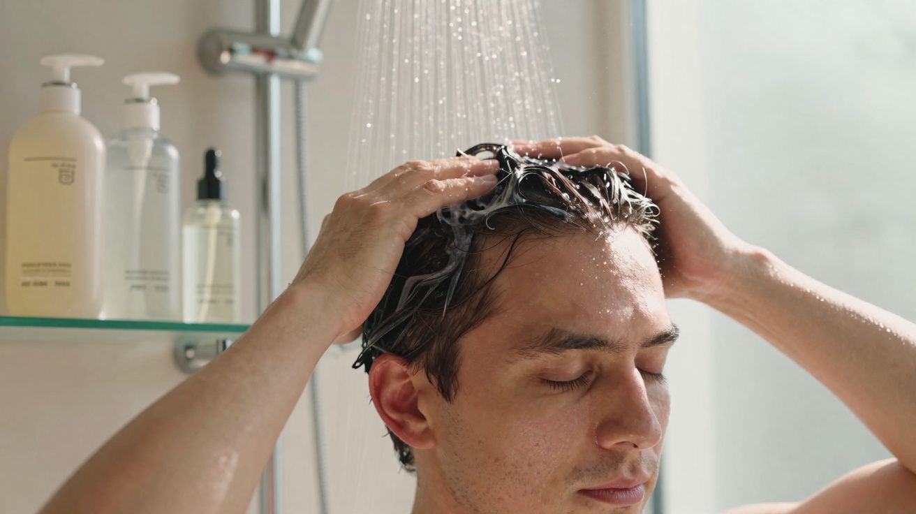Homem lavando o cabelo com shampoo em um chuveiro moderno com olhos fechados.