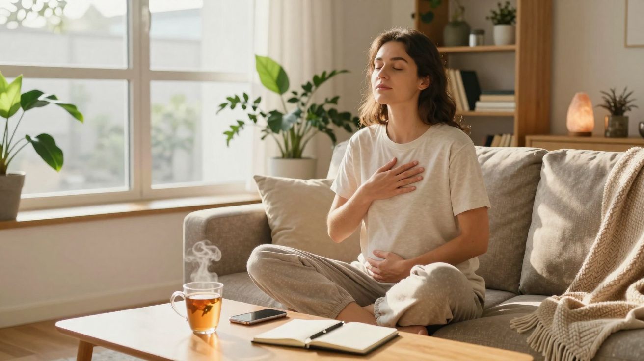 Mulher sentada no sofá com olhos fechados, praticando respiração e meditação em casa.