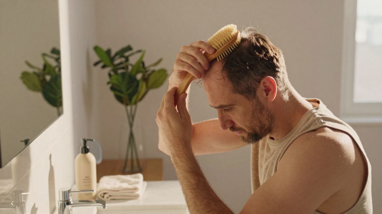 Homem careca penteando o cabelo com escova em banheiro iluminado por luz natural.