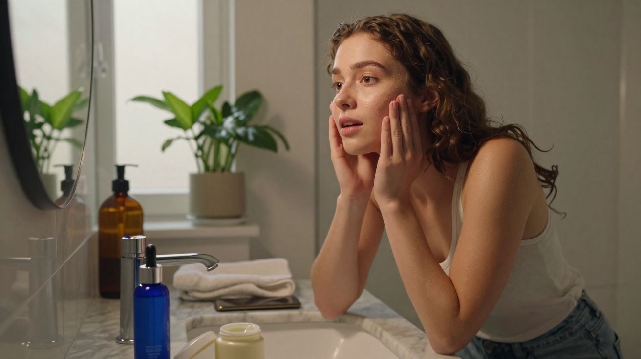 Mulher aplicando creme facial diante do espelho em banheiro com planta ao fundo.