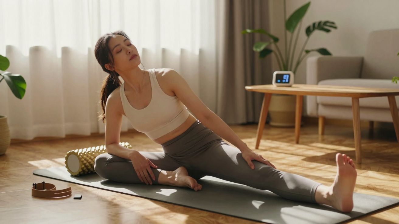 Mulher fazendo alongamento sentado no tapete de yoga em sala iluminada pelo sol.