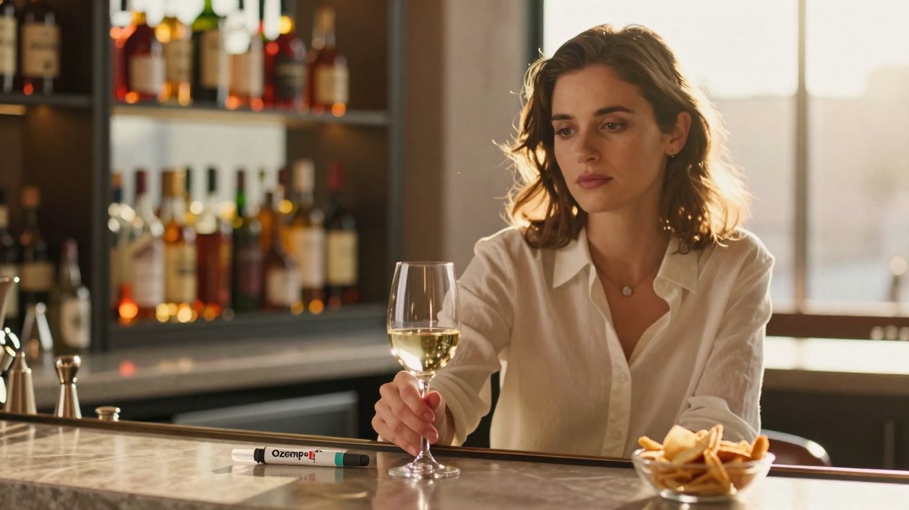 Mulher com expressão pensativa segurando taça de vinho branco em bar elegante, com petiscos à frente.