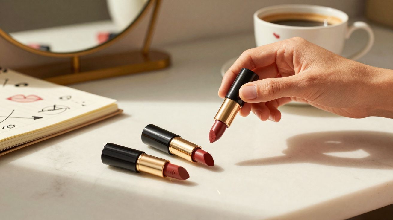 Três batons vermelhos em uma mesa, com uma mão segurando um deles, ao lado de uma xícara de café e um caderno.