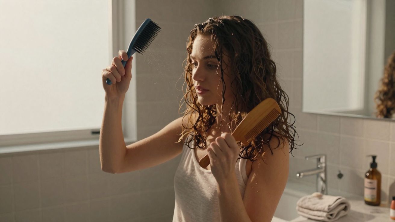 Mulher com cabelo molhado penteando os fios com dois pentes em banheiro iluminado.