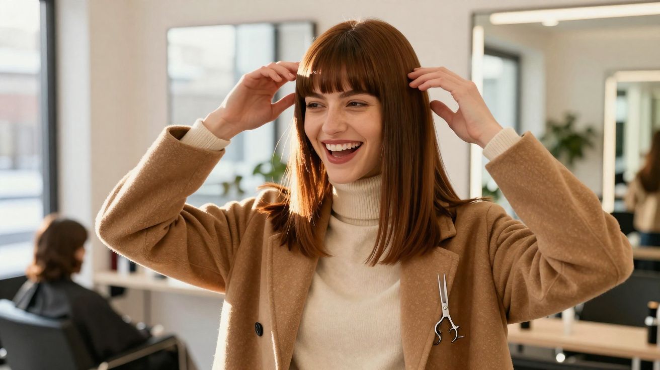 Mulher sorridente ajustando o cabelo em salão de beleza com espelhos ao fundo.