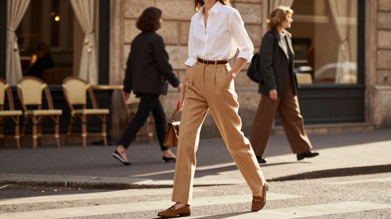 Mulher vestindo camisa branca, calça bege e mocassim marrom atravessando rua em faixa de pedestres urbana.
