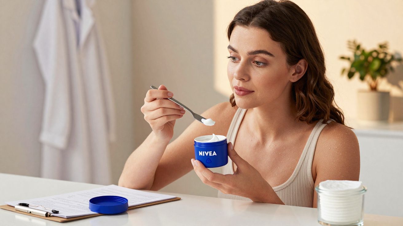 Mulher segurando pote de creme Nivea e pegando produto com colher em mesa com prancheta e algodão.