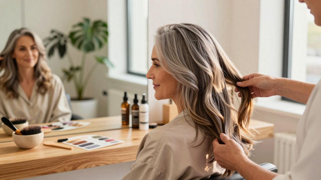 Mulher com cabelos grisalhos sentada em salão de beleza enquanto hairstylist arruma seu cabelo.