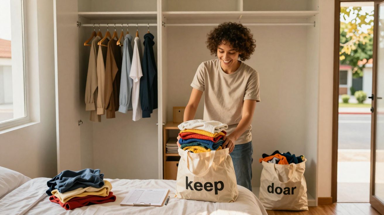 Pessoa sorridente organizando roupas em sacolas de tecido com as palavras "keep" e "doar" em um quarto iluminado.