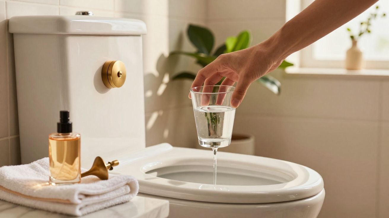 Mão despejando água de copo em vaso sanitário branco em banheiro com toalha e perfume ao lado.