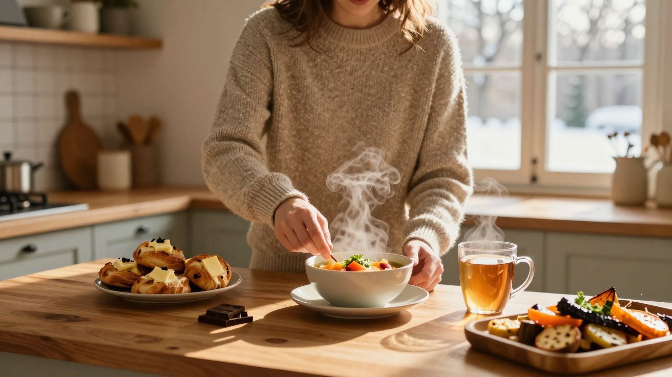 Pessoa mexendo em uma tigela de sopa quente sobre mesa com chá e pães em cozinha iluminada pelo sol.