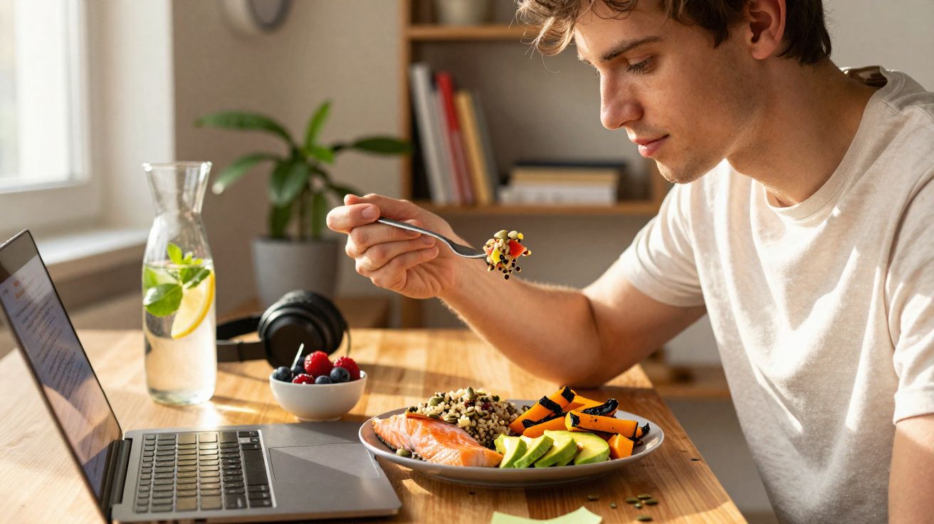 Jovem sentado à mesa com prato de comida saudável e laptop aberto à sua frente.
