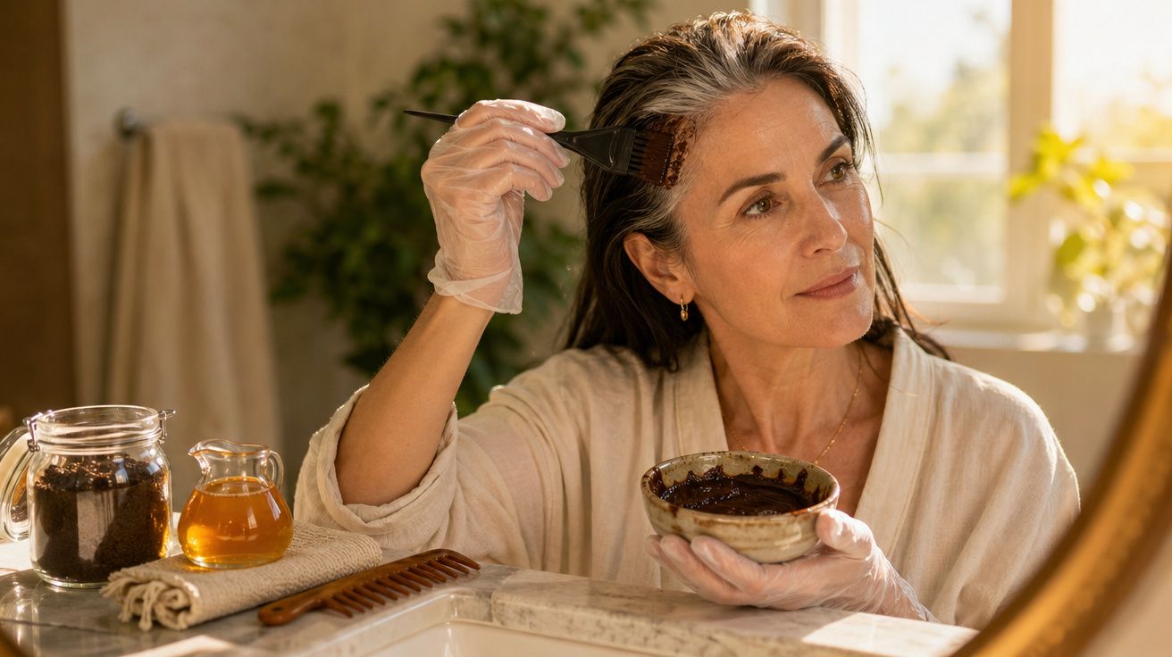 Mulher aplicando tinta caseira nos cabelos no banheiro, usando luvas e olhando no espelho.