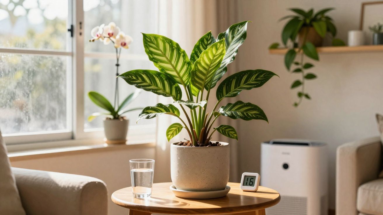 Sala iluminada com planta verde em vaso sobre mesa redonda de madeira, copo de água e umidificador no fundo.