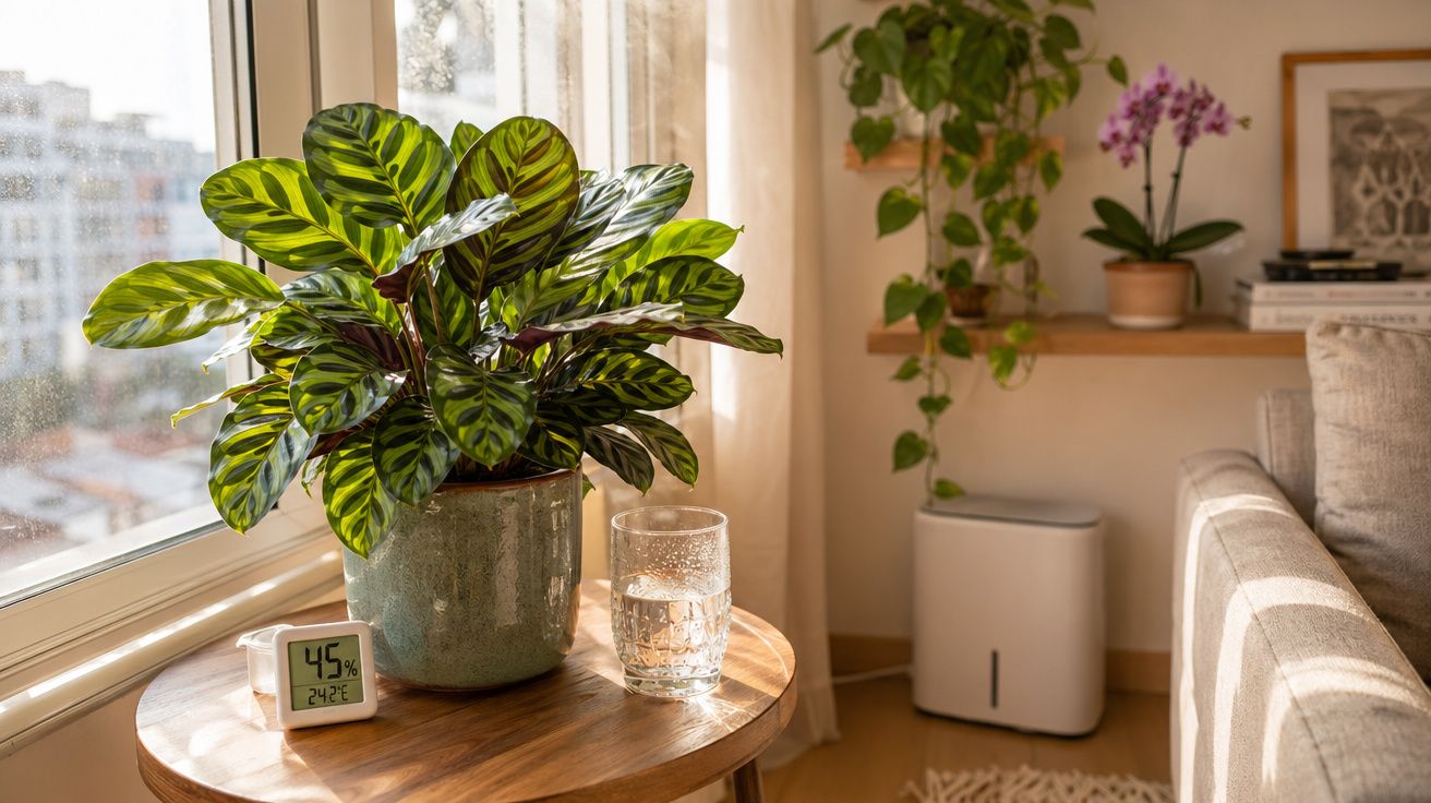 Planta em vaso, copo d'água e medidor de umidade sobre mesa próxima à janela em sala iluminada.
