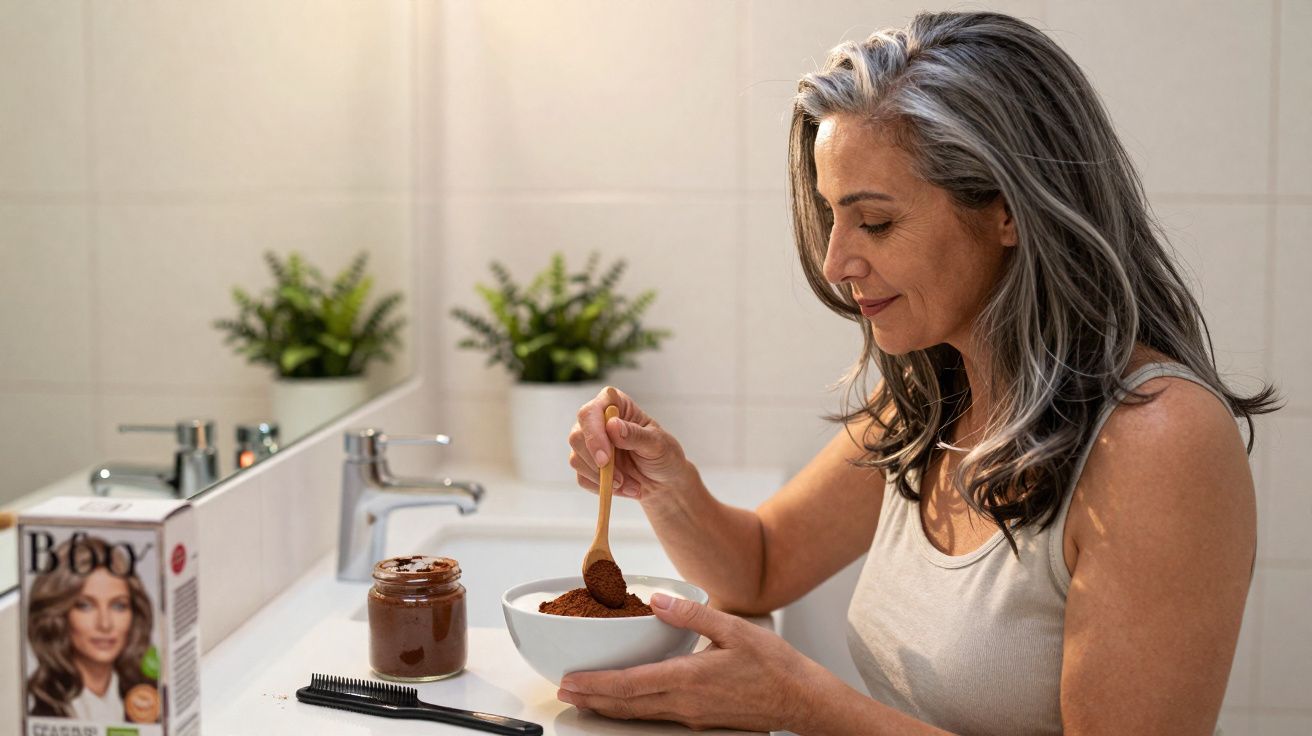 Mulher madura com cabelos grisalhos preparando mistura em bowl no banheiro, ao lado de caixa de tinta e acessórios.