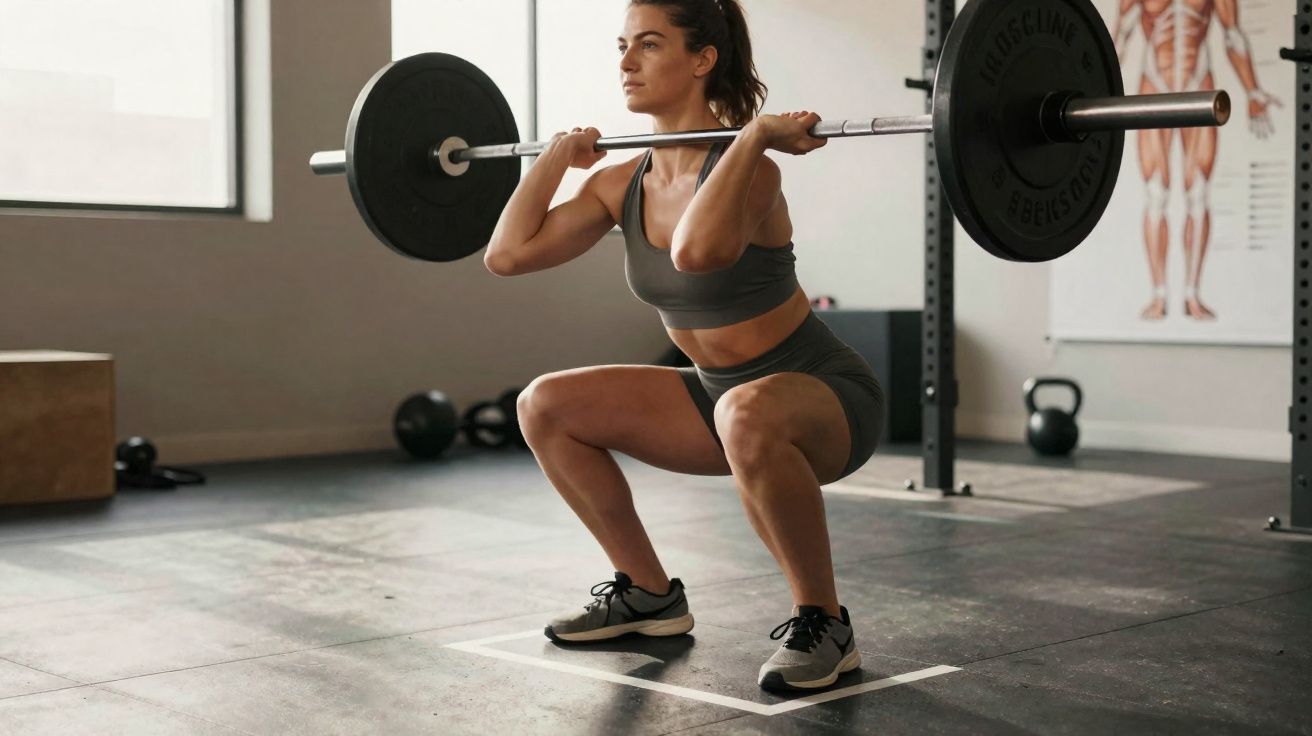 Mulher praticando agachamento com barra em academia, vestindo roupas esportivas cinza.