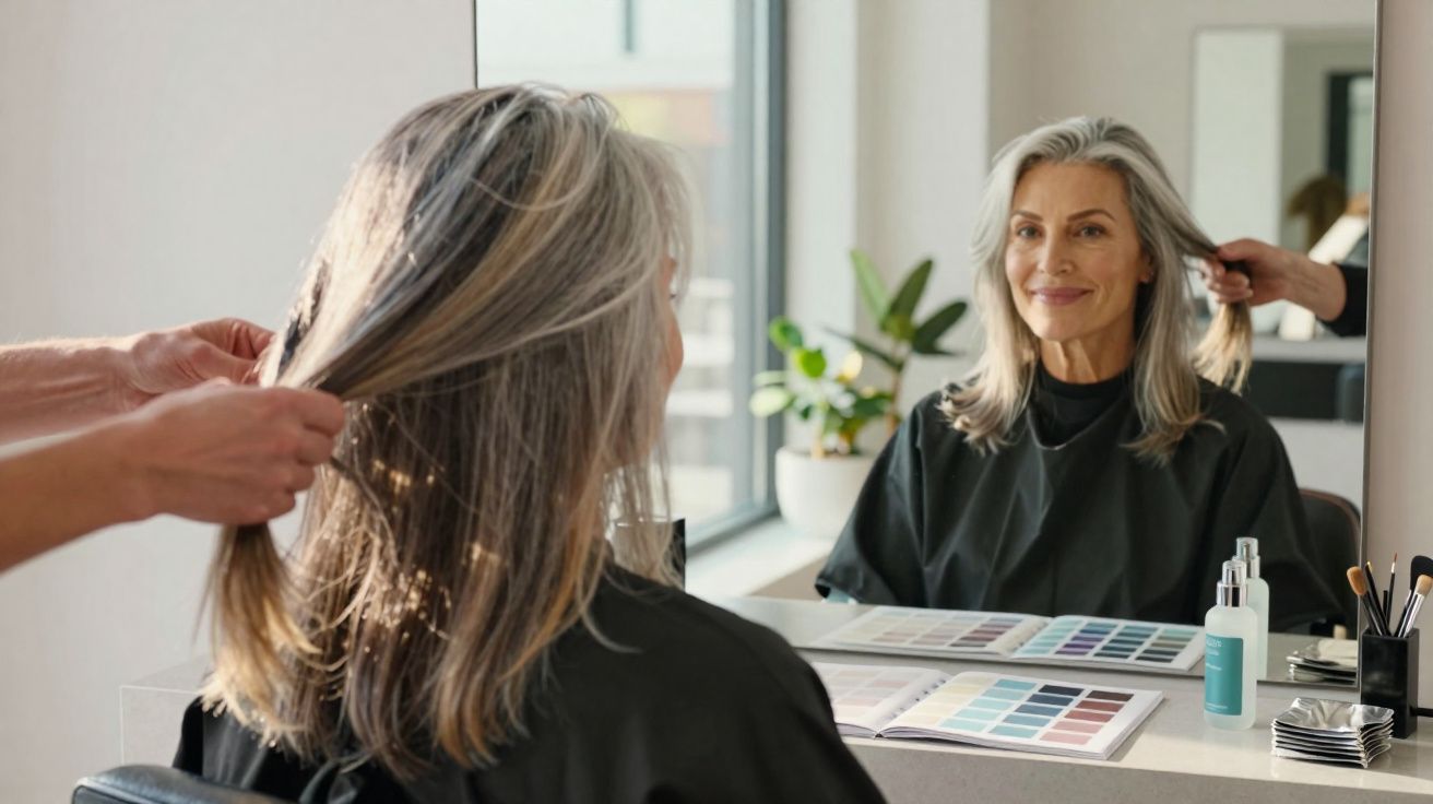 Mulher sorridente com cabelo grisalho sendo penteada em salão de beleza, refletida no espelho.