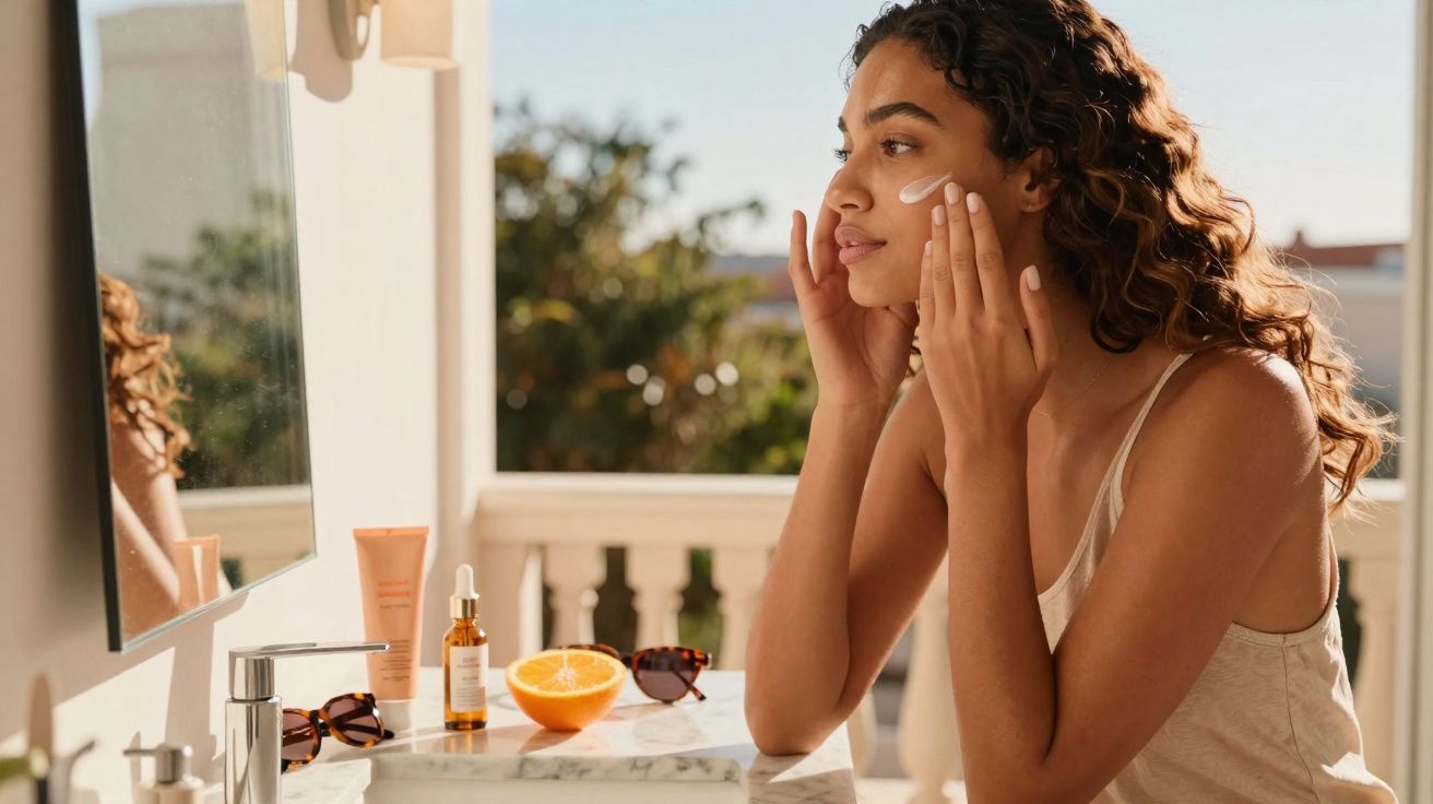 Mulher aplicando creme no rosto em uma penteadeira com produtos de cuidado da pele e uma laranja cortada ao meio.