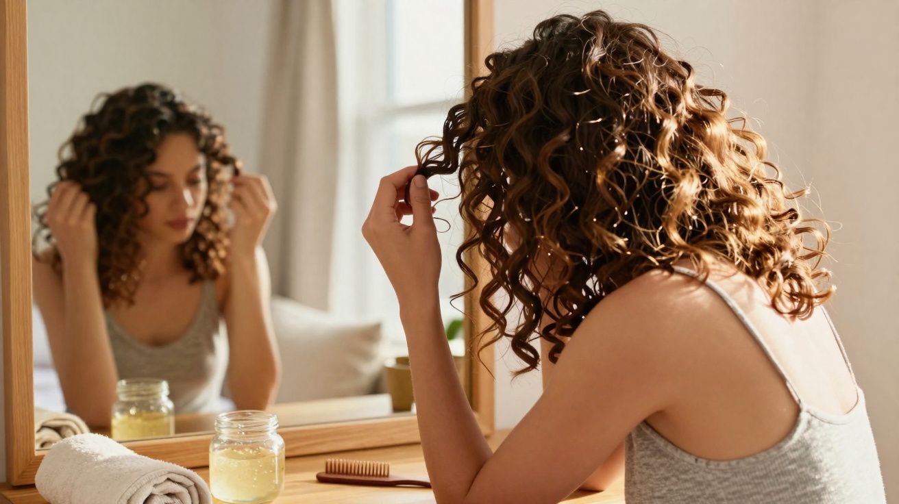 Mulher com cabelo cacheado penteando os fios em frente a espelho em ambiente iluminado.