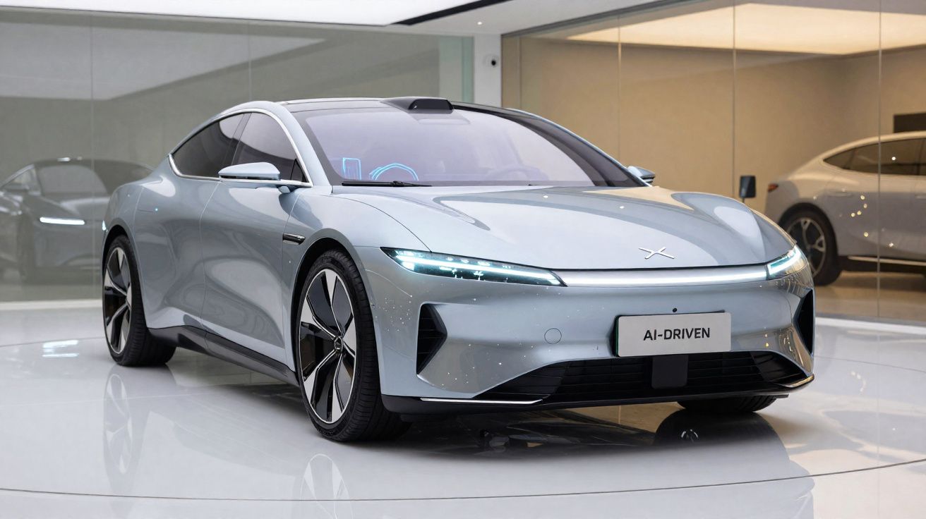 Carro elétrico prateado moderno com placa "AI-DRIVEN" em ambiente interno espelhado.
